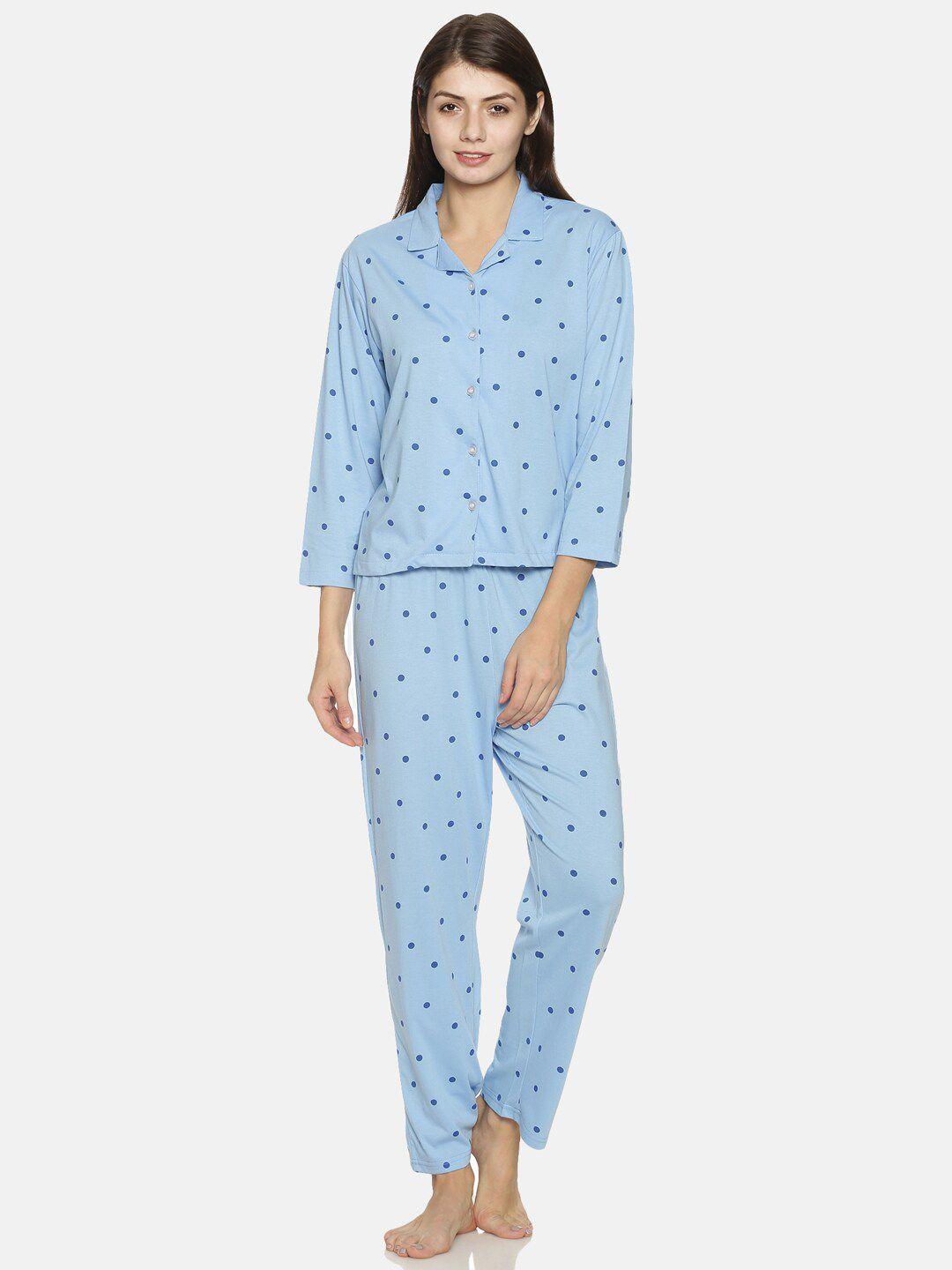 campus sutra women blue polka dot printed cotton night suit