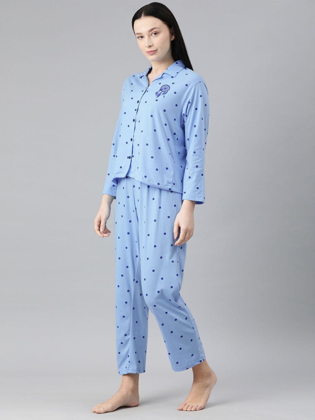 campus sutra women blue polka dots printed pure cotton night suit