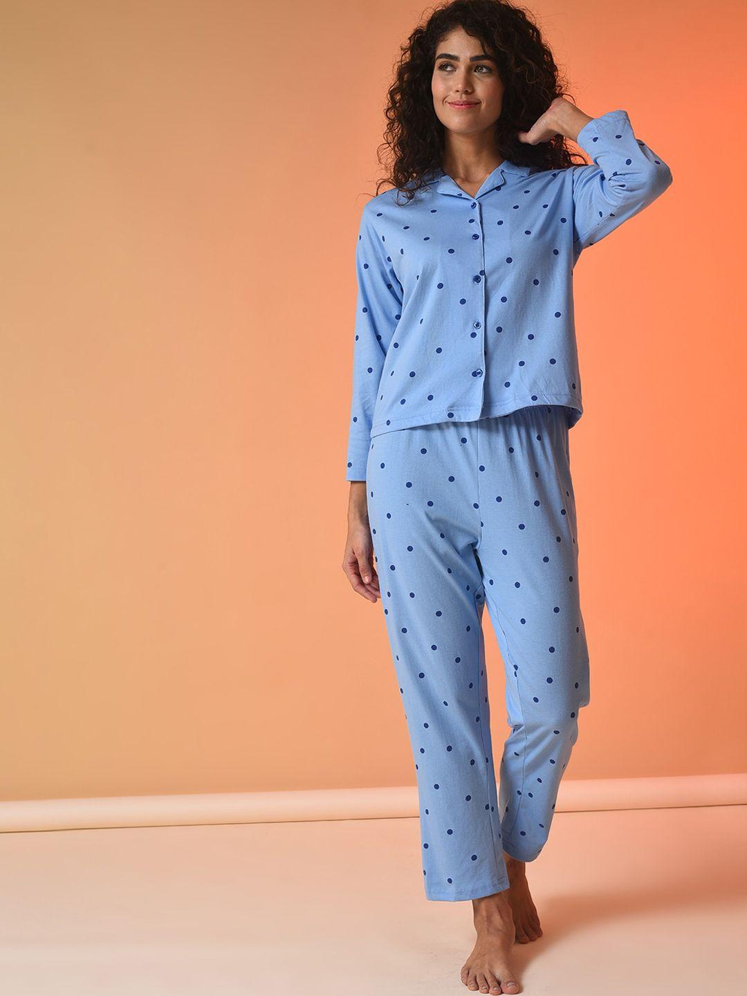 campus sutra women blue printed pure cotton night suit