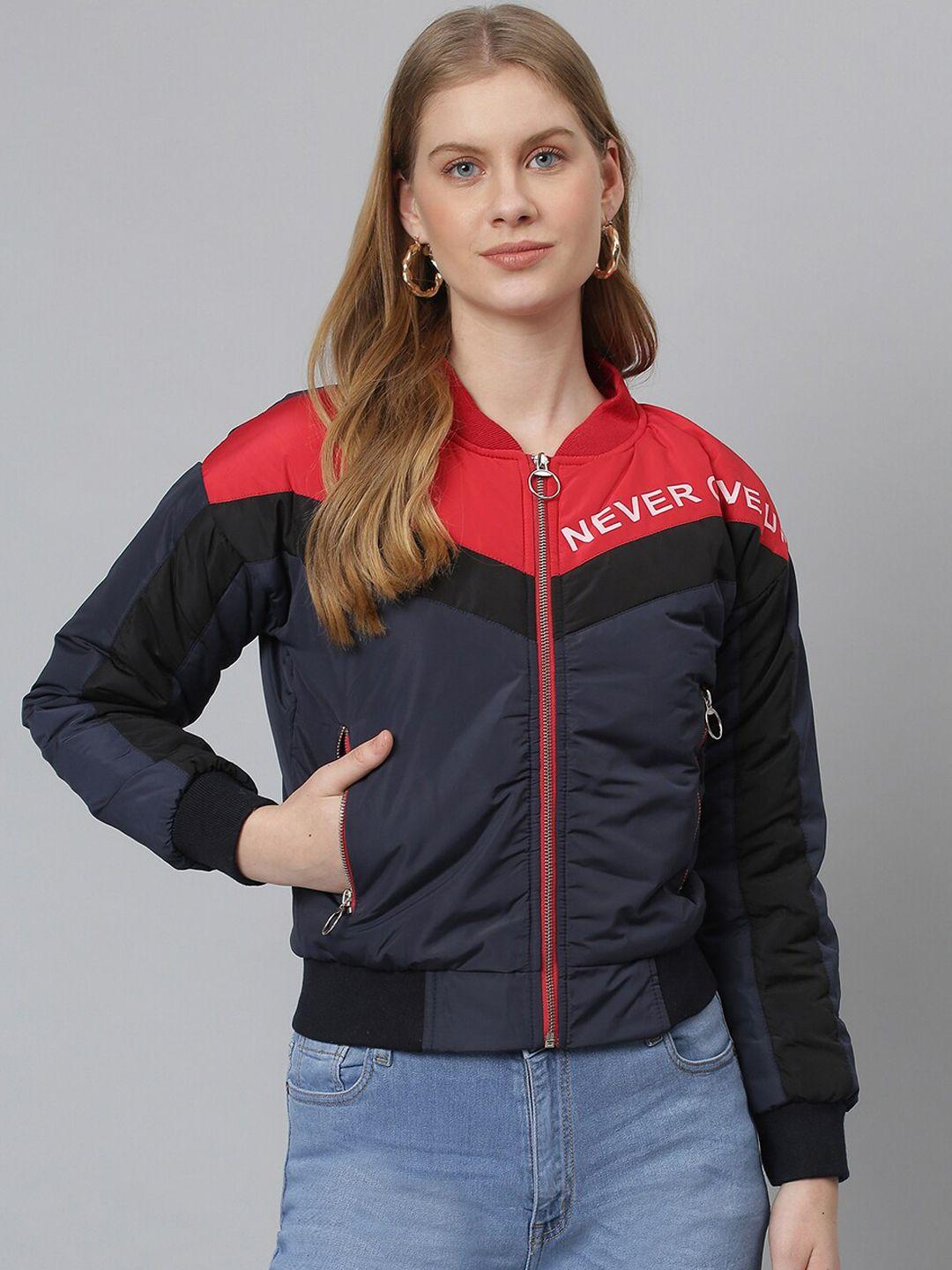 campus sutra women blue red colourblocked windcheater bomber jacket