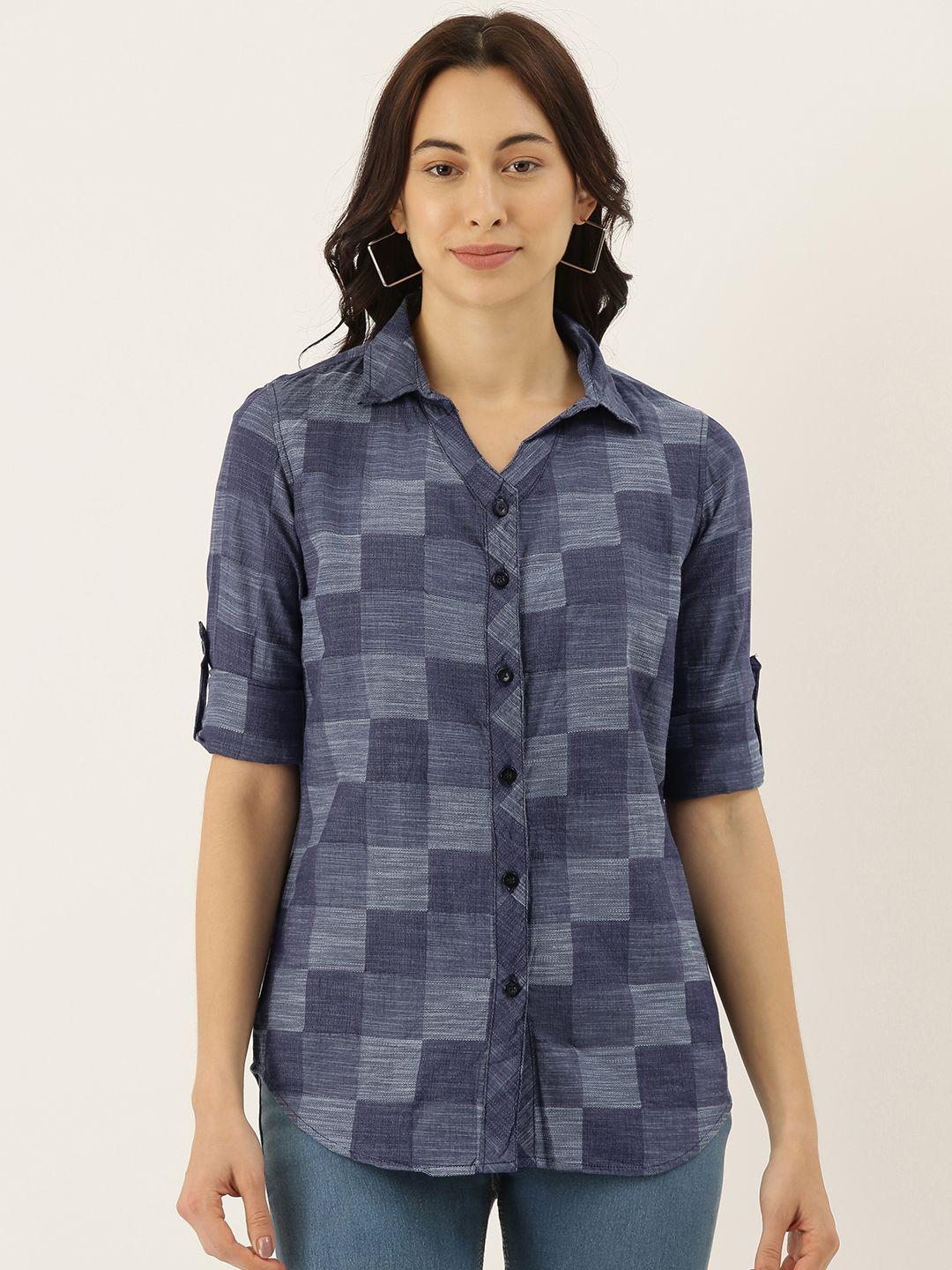 campus sutra women blue regular fit checked casual shirt