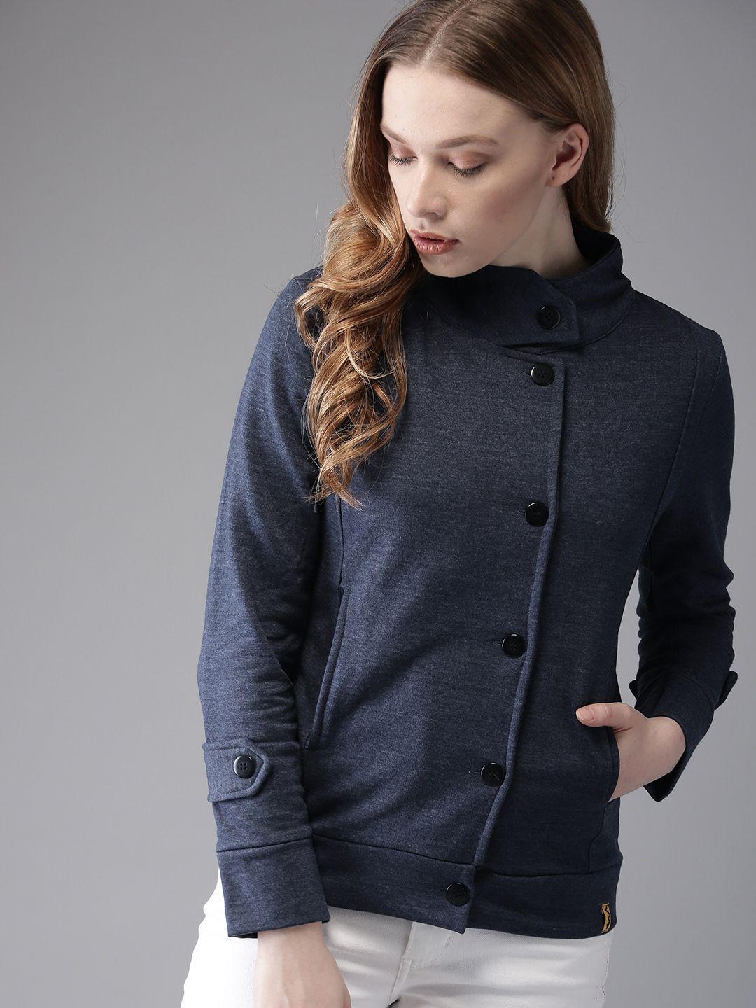 campus sutra women blue solid tailored jacket