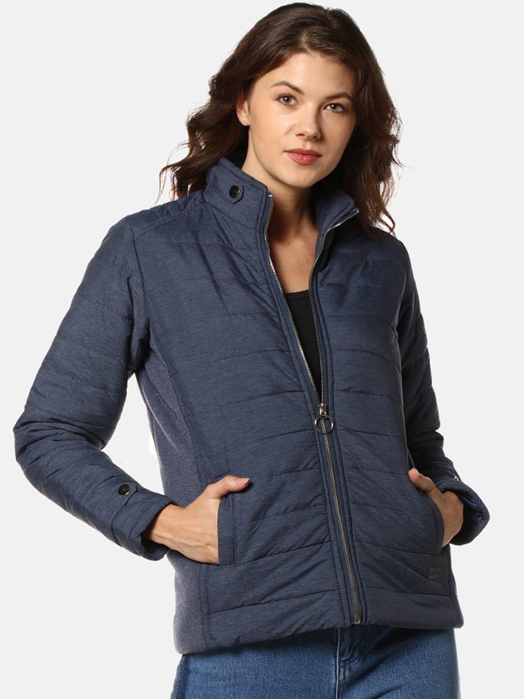campus sutra women blue solid windcheater padded jacket