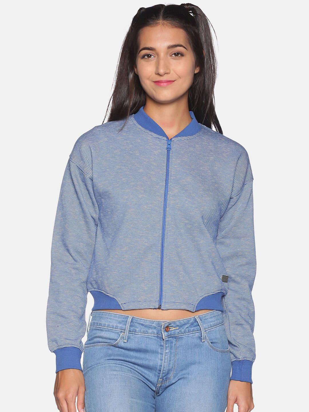 campus sutra women blue striped bomber jacket