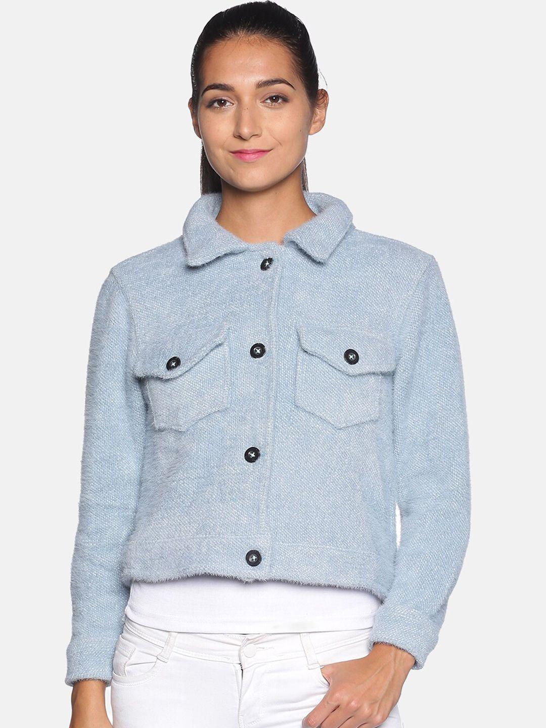 campus sutra women blue washed windcheater crop denim jacket