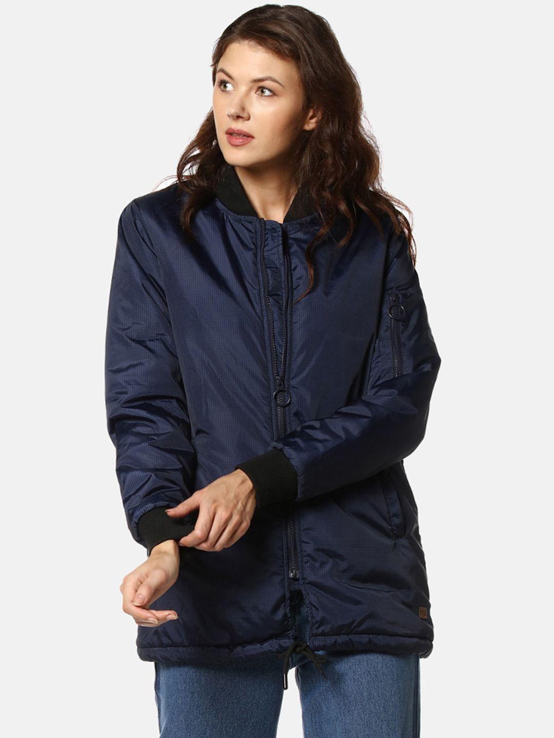 campus sutra women blue windcheater longline bomber jacket