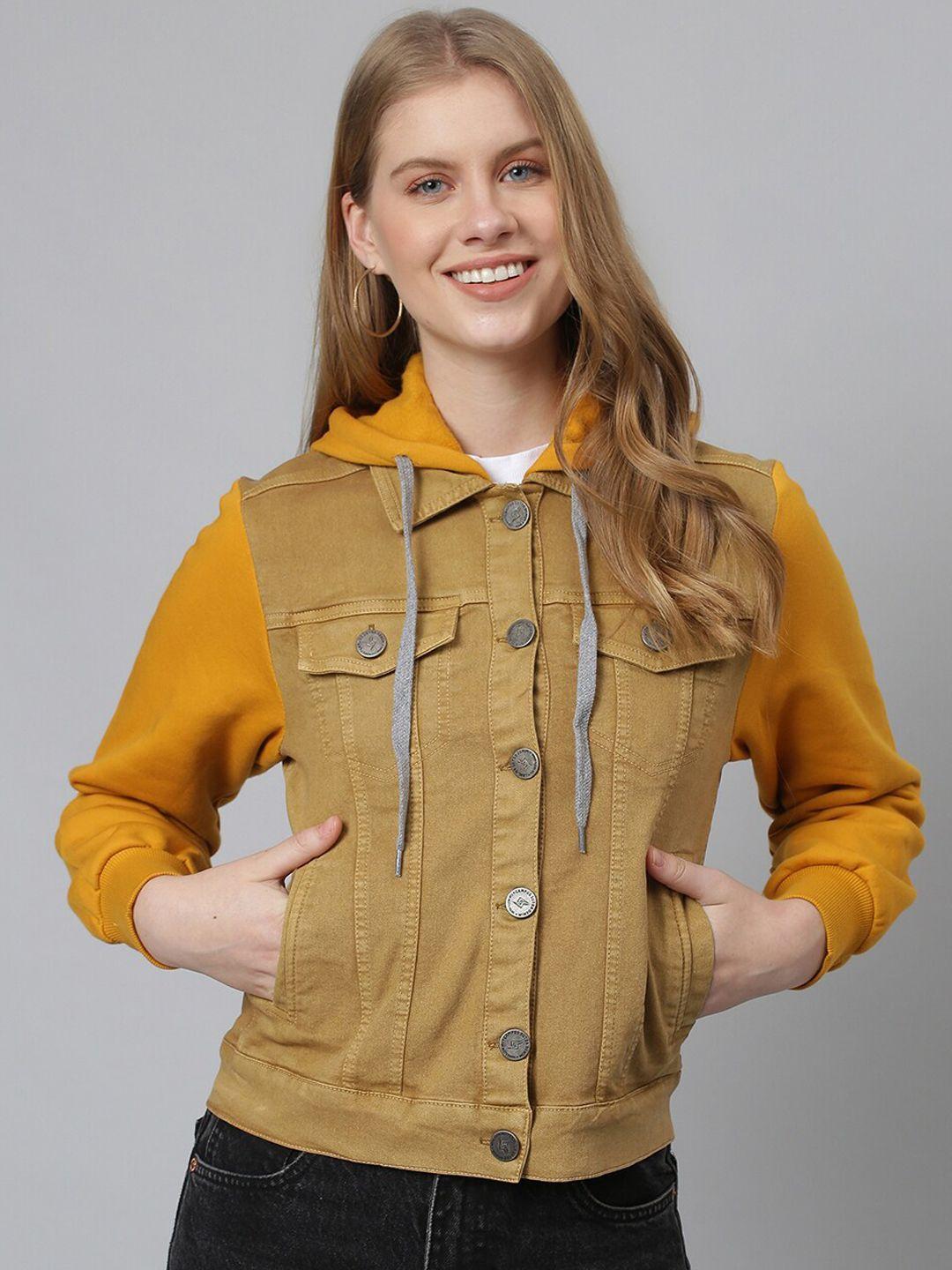 campus sutra women brown& mustard gold colourblocked windcheater denim jacket