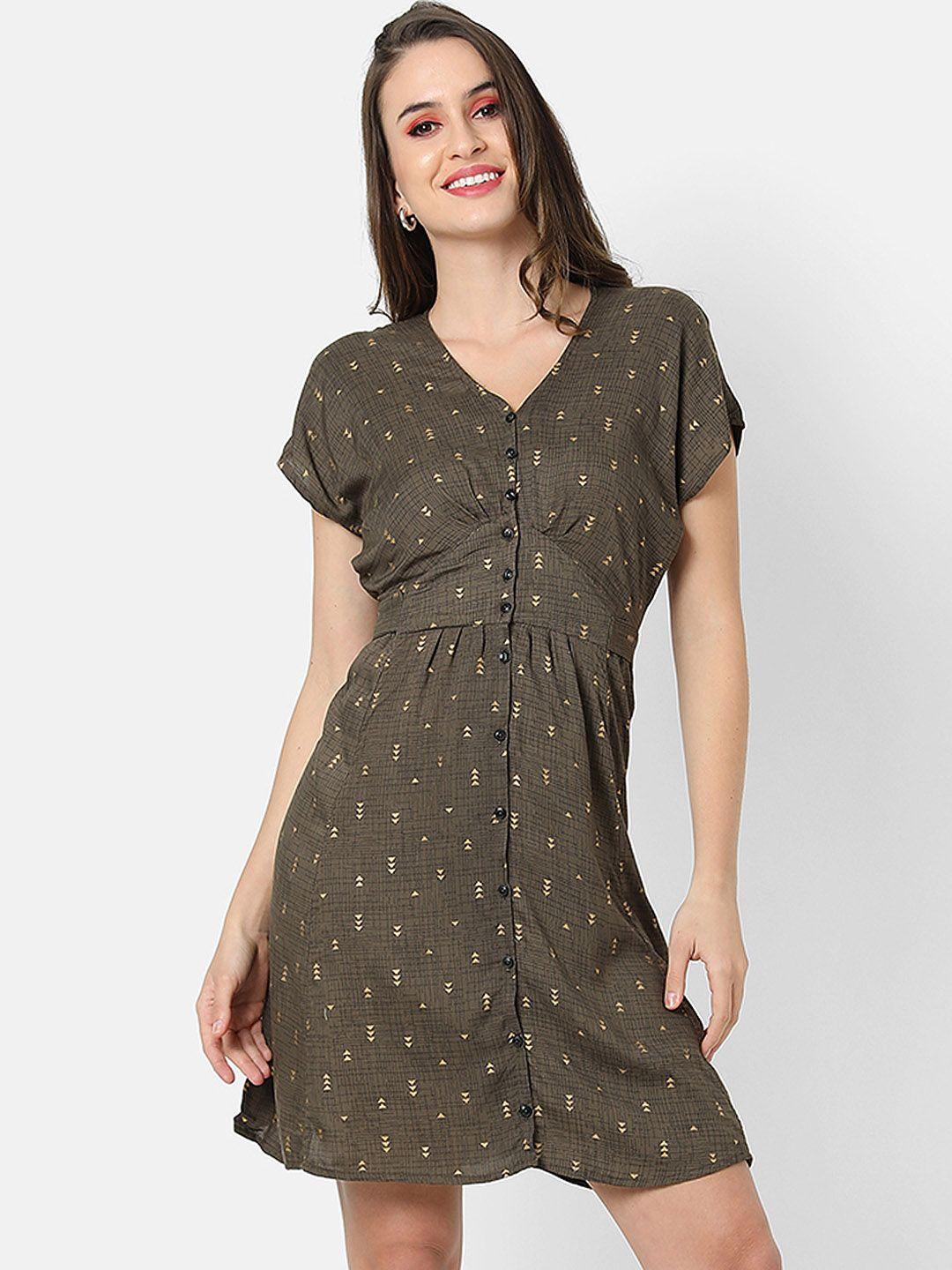 campus sutra women brown printed dress