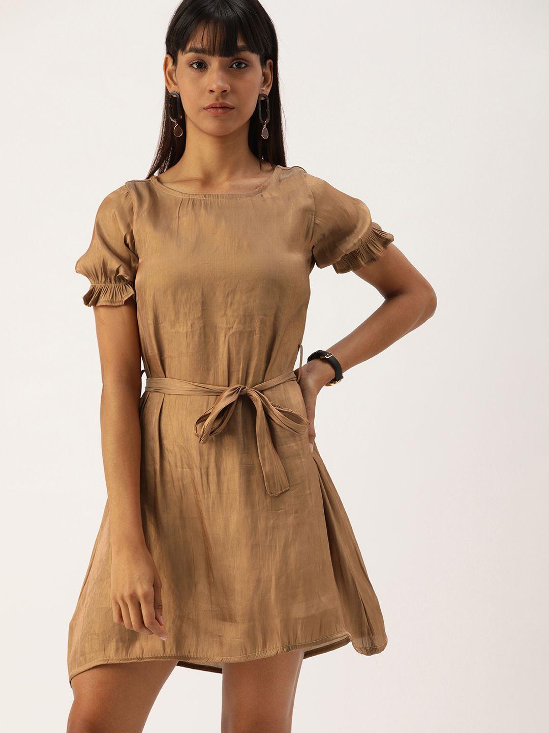 campus sutra women brown solid fit and flare dress