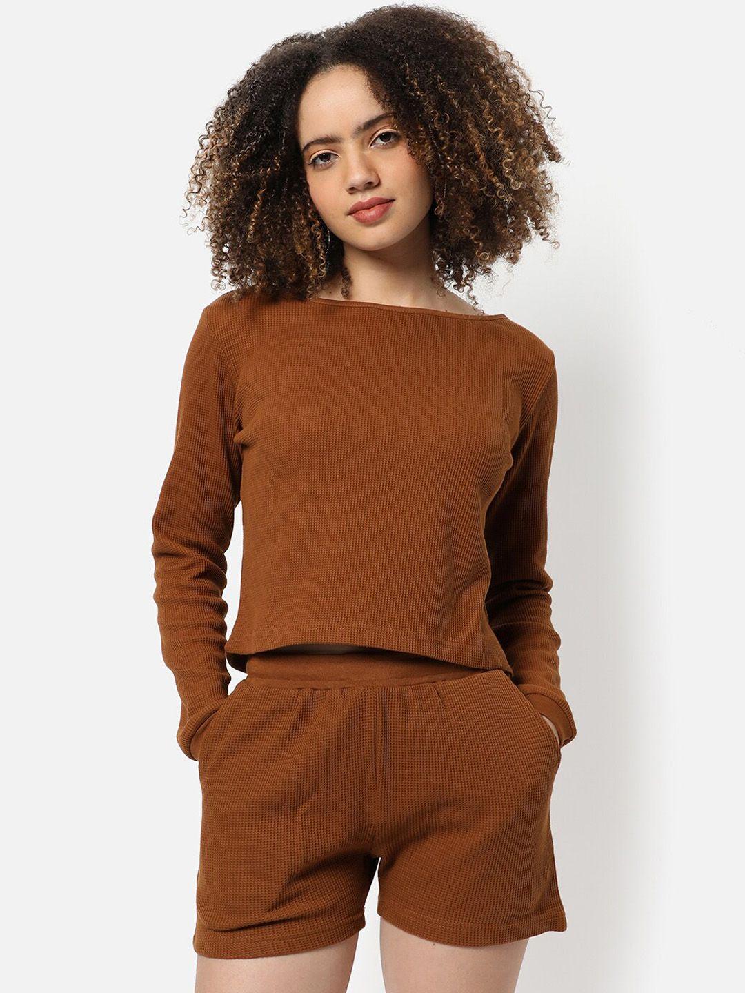 campus sutra women brown solid pure cotton co-ords