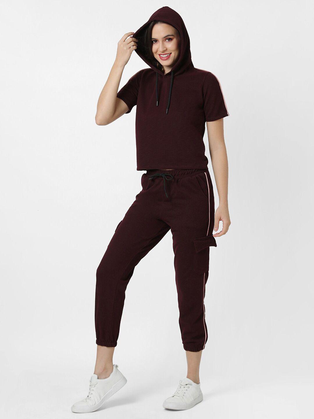 campus sutra women burgundy solid pure cotton co-ord set