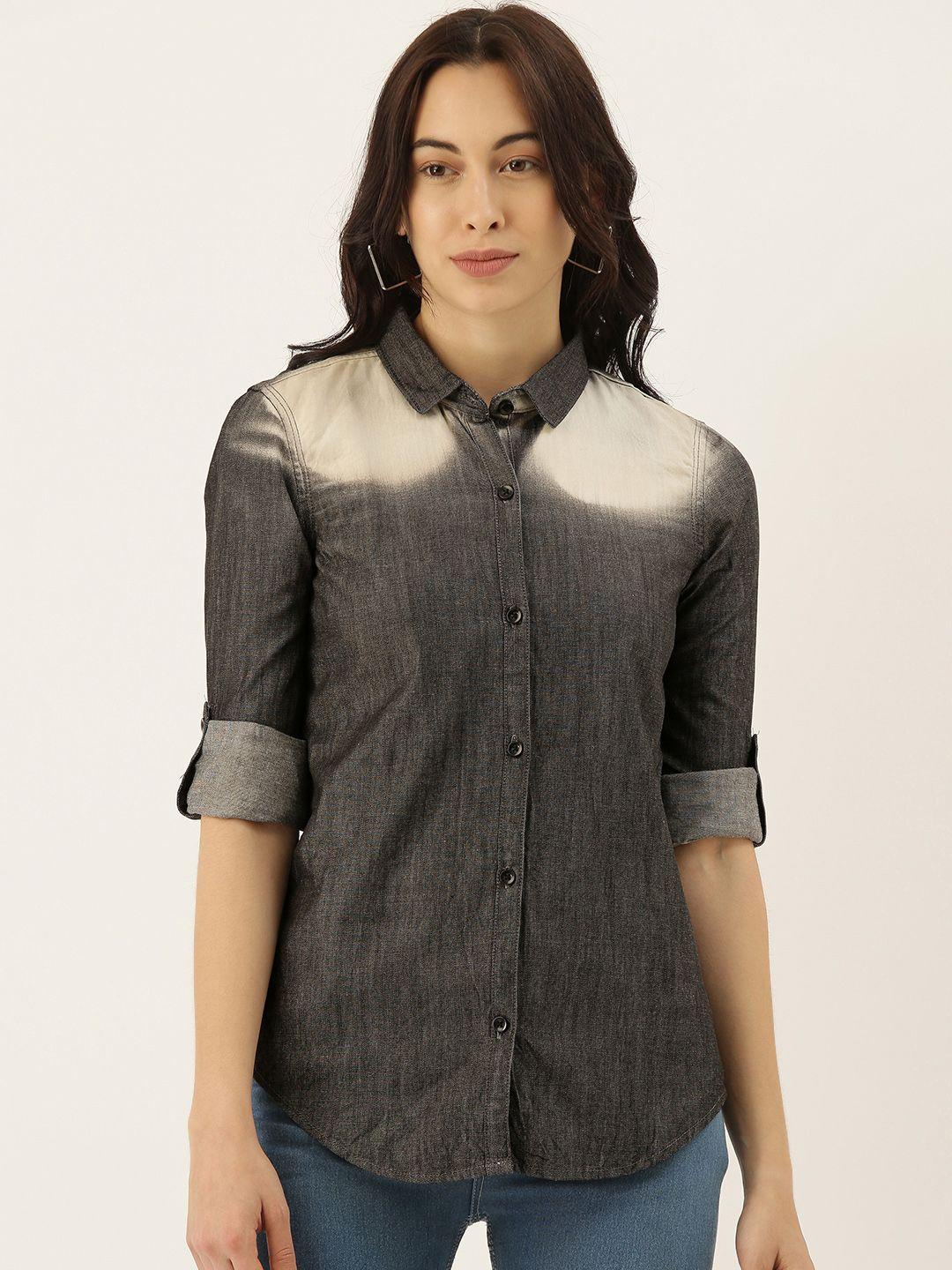 campus sutra women charcoal & off-white regular fit faded casual shirt