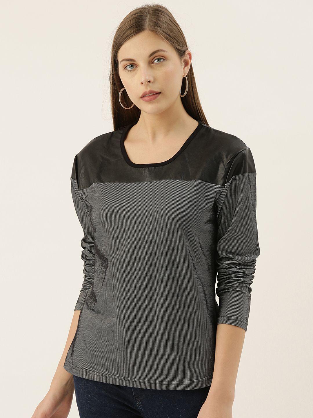 campus sutra women charcoal grey & black colourblocked  bio wash pure cotton t-shirt