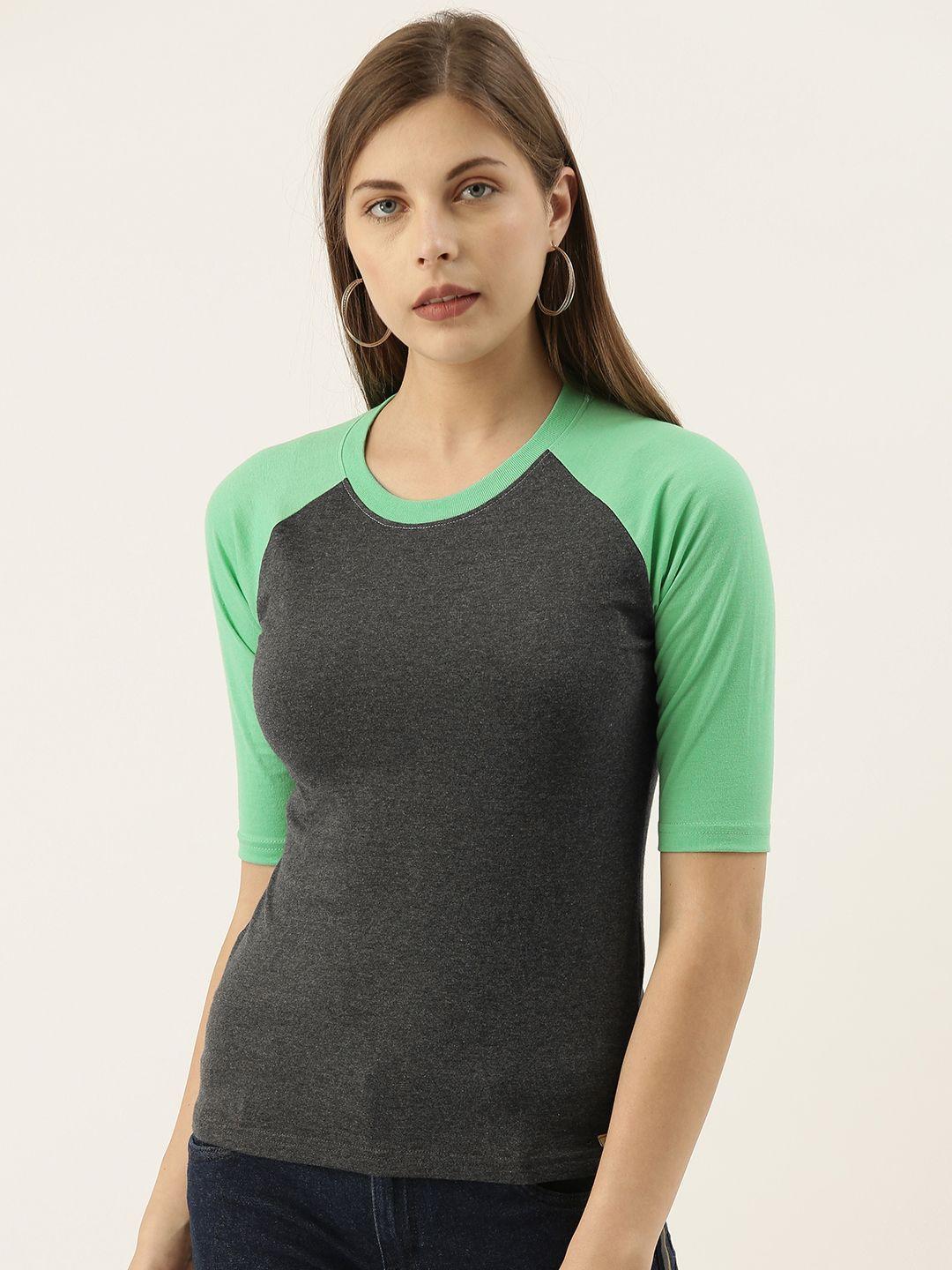 campus sutra women charcoal grey & green  solid round neck pure cotton t-shirt