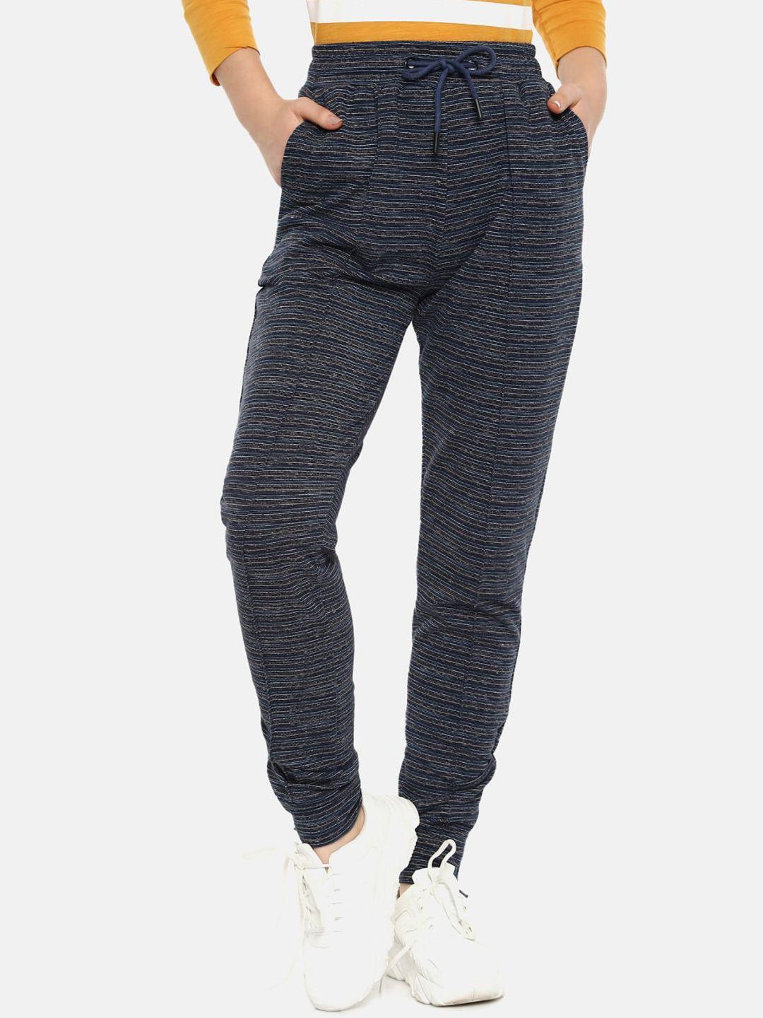 campus sutra women charcoal grey & white striped straight-fit track pants