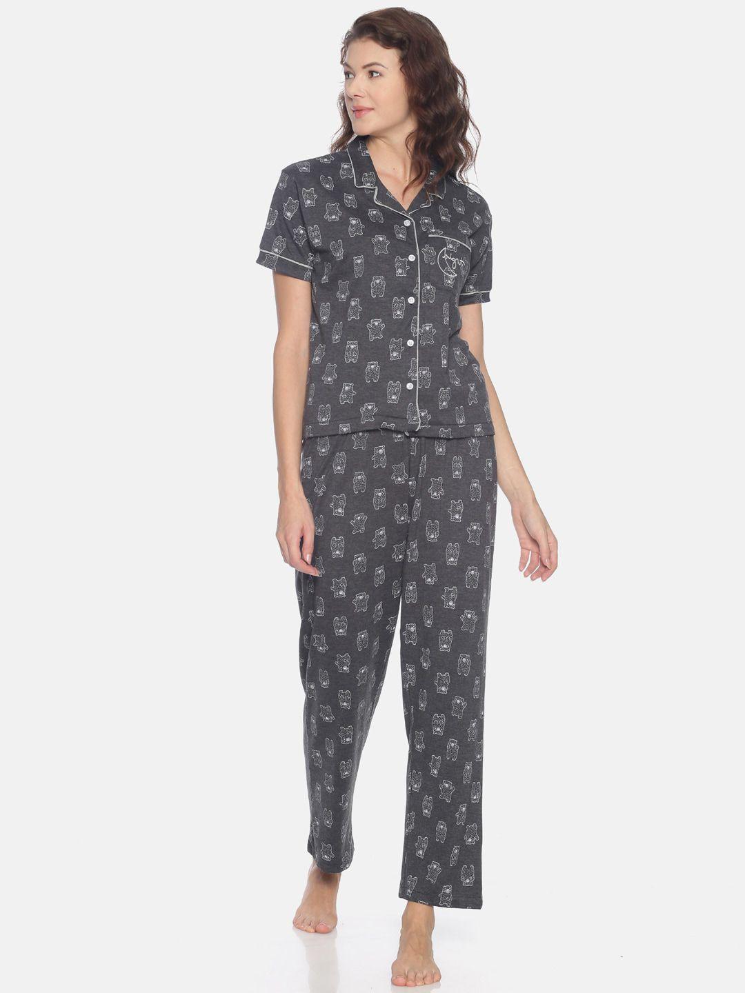 campus sutra women charcoal grey printed night suit
