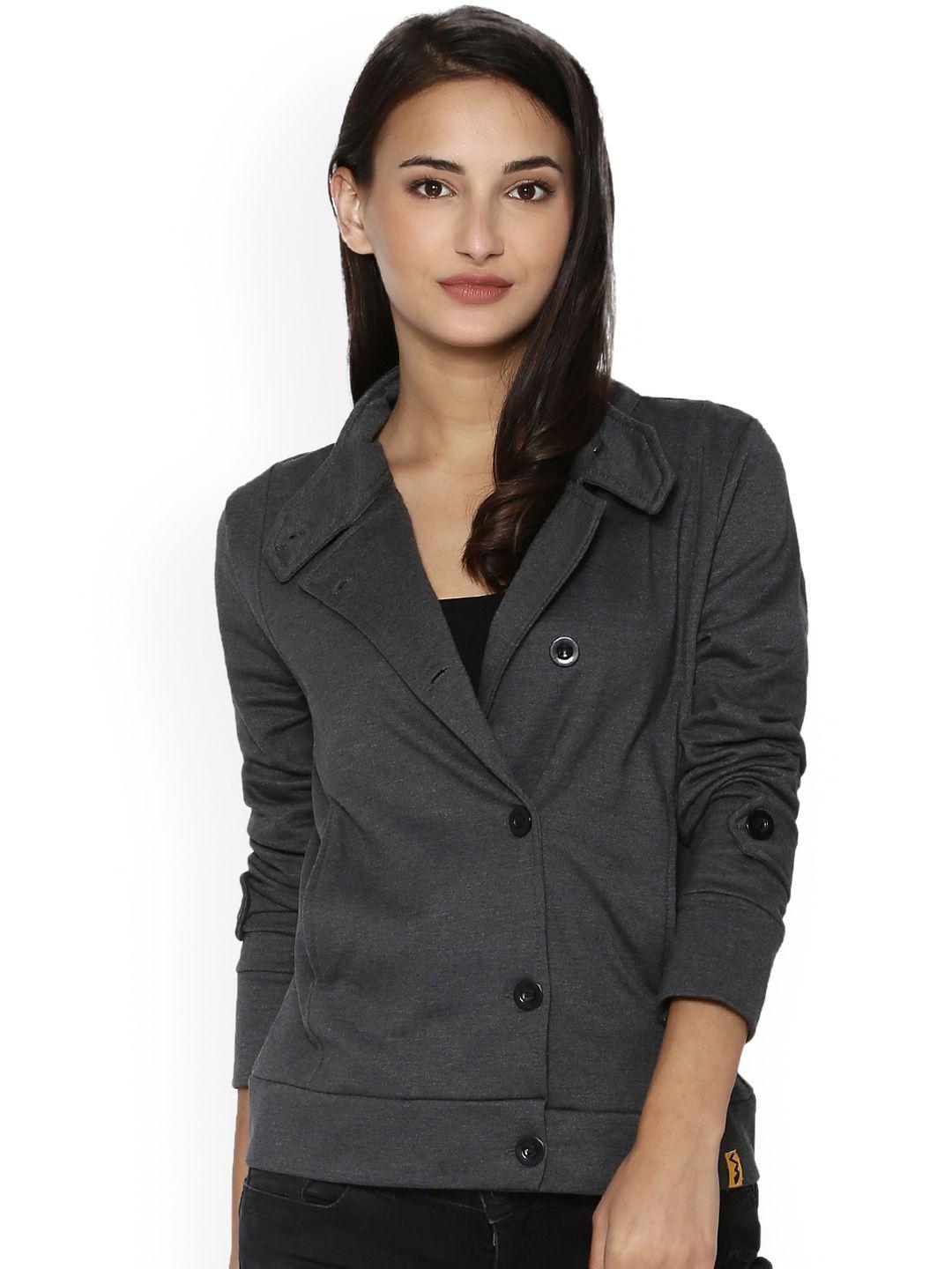 campus sutra women charcoal solid sporty jacket