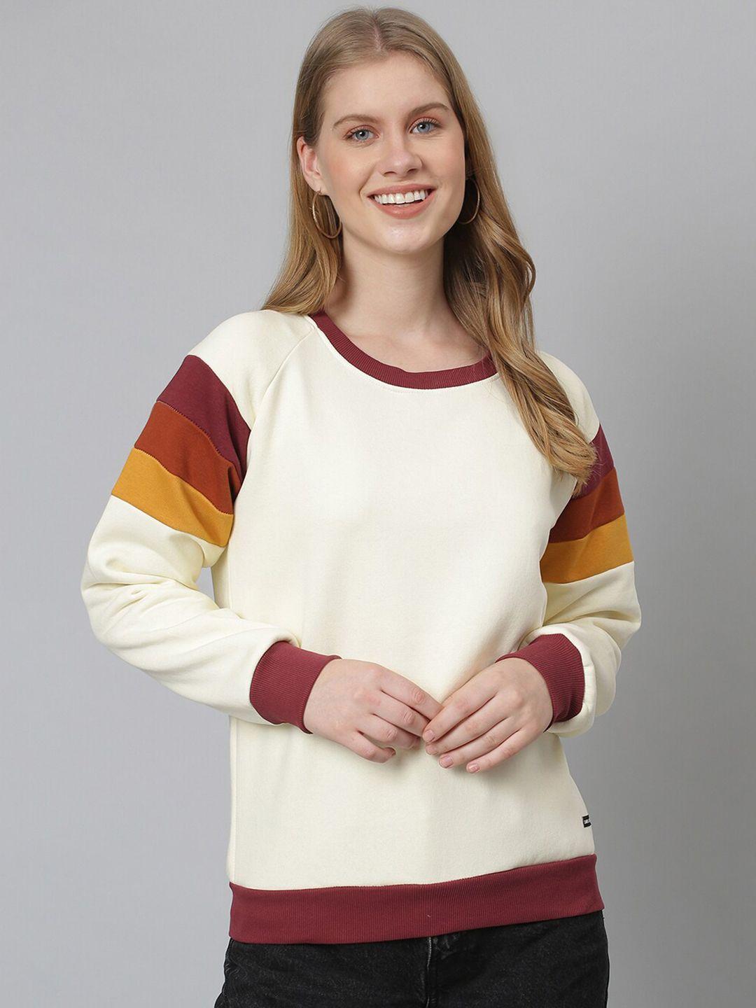campus sutra women cream-coloured & maroon pullover sweater