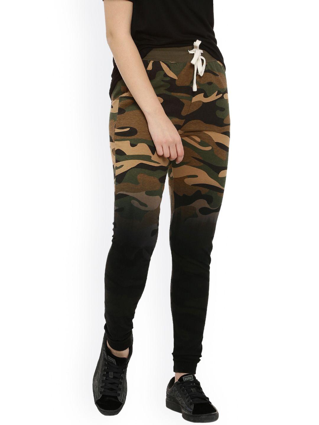 campus sutra women green & black printed track pants