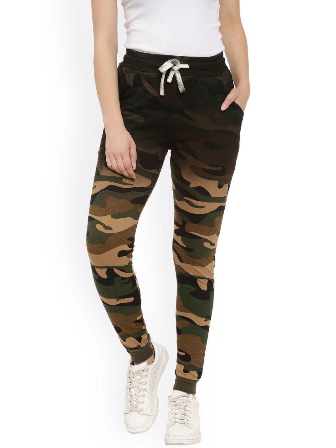 campus sutra women green & brown printed track pants