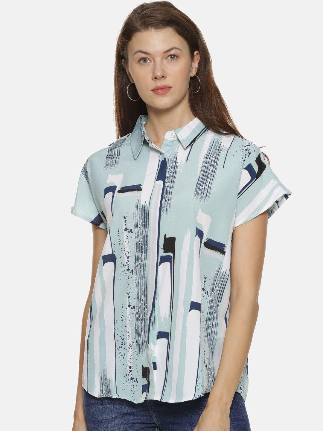 campus sutra women green & white regular fit printed casual shirt