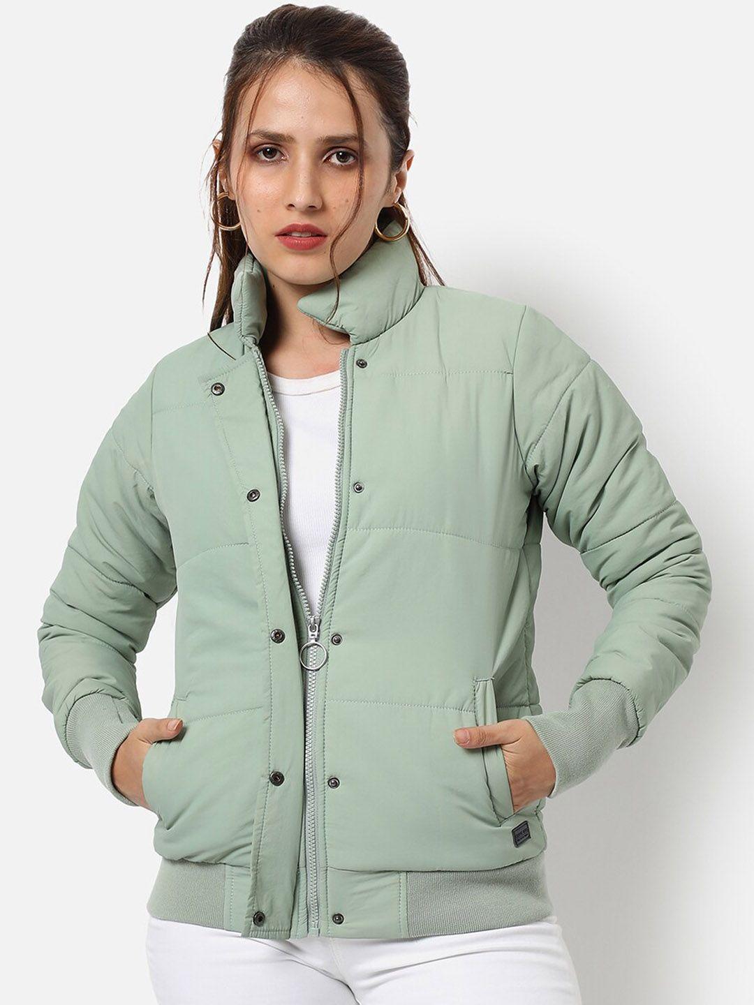 campus sutra women green striped windcheater crop outdoor bomber with patchwork jacket