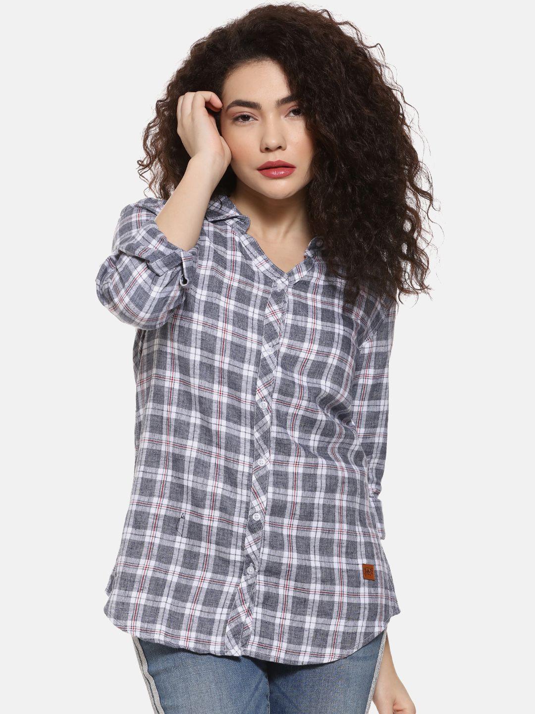 campus sutra women grey & off-white regular fit checked casual shirt