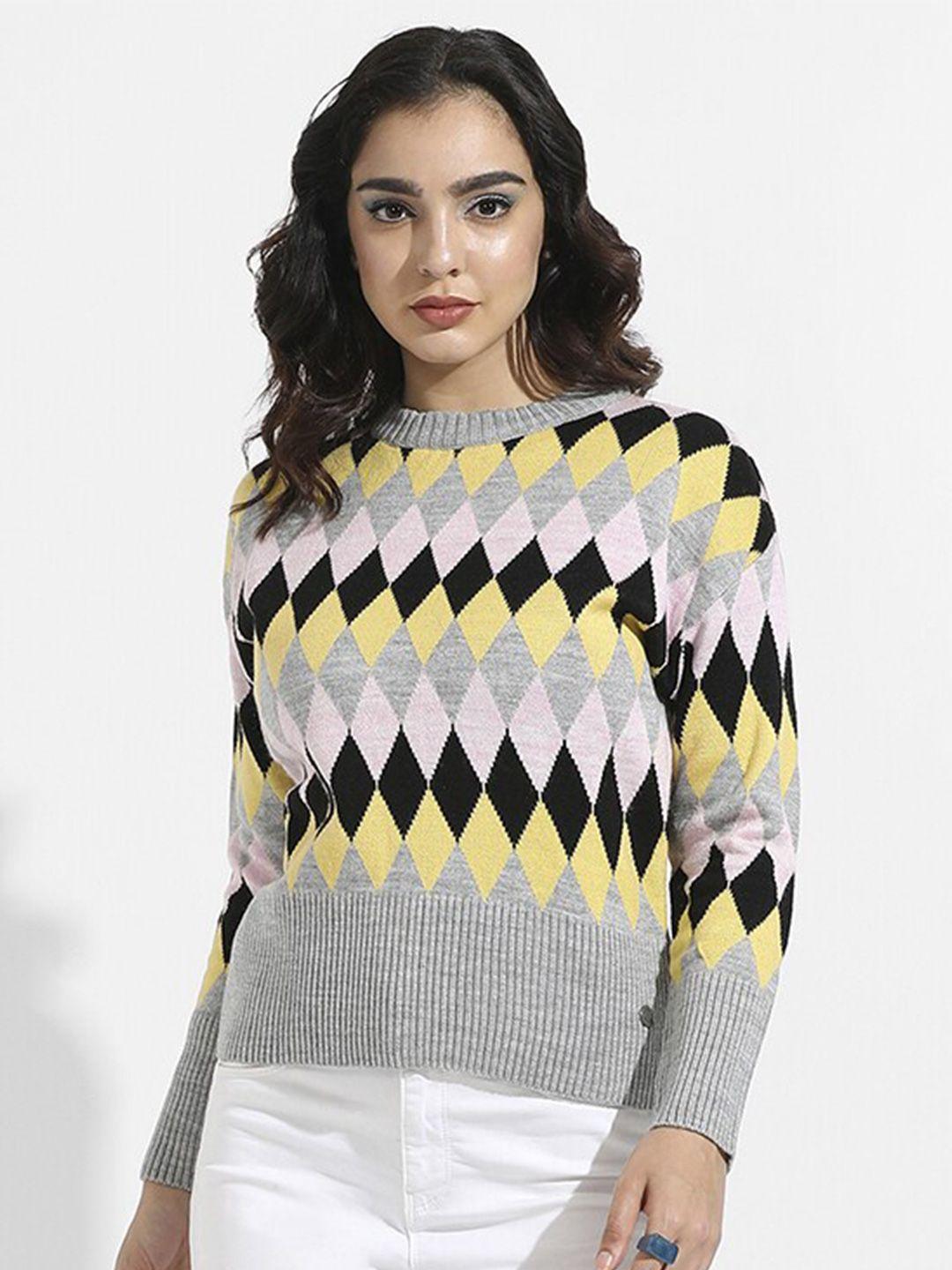campus sutra women grey & yellow printed pullover