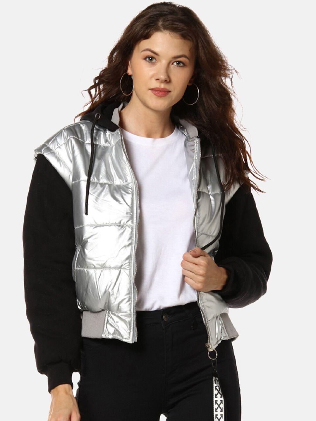 campus sutra women grey black colourblocked windcheater puffer jacket