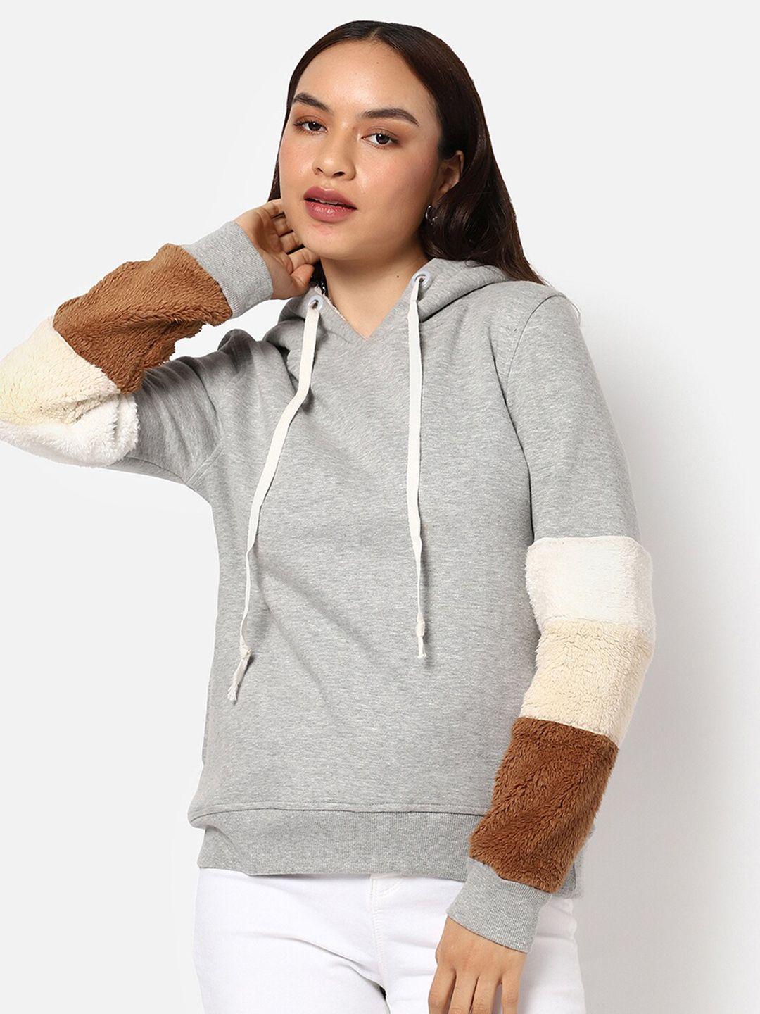 campus sutra women grey colour-blocked striped sleeves hooded cotton sweatshirt