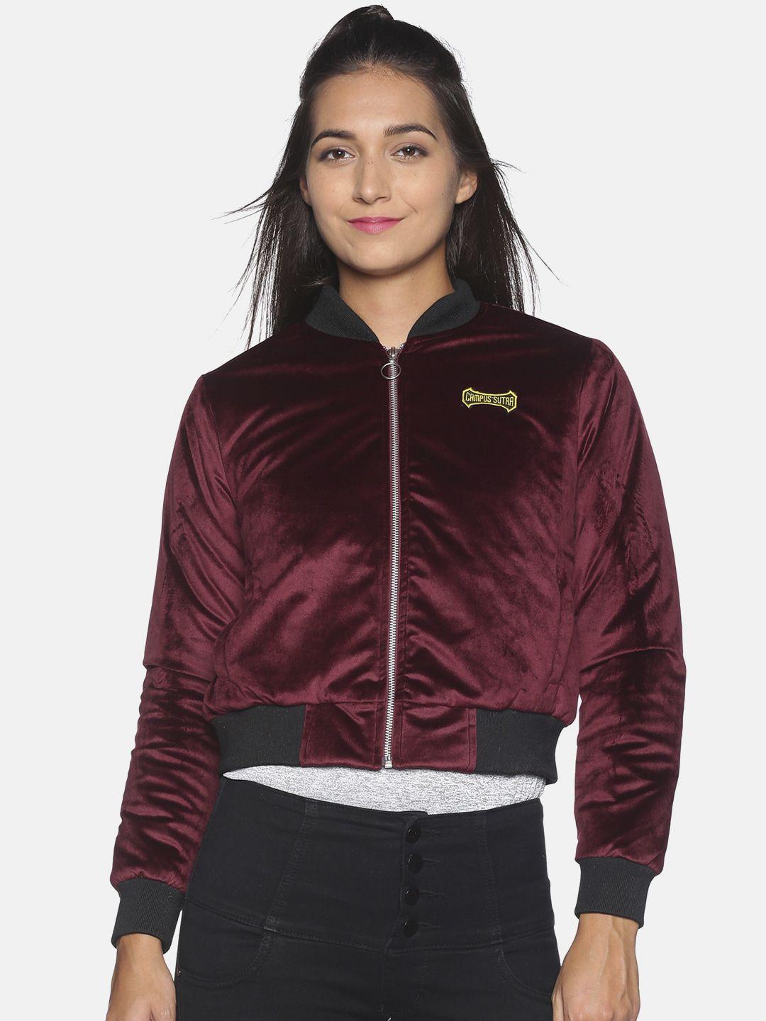 campus sutra women maroon & black windcheater crop bomber jacket