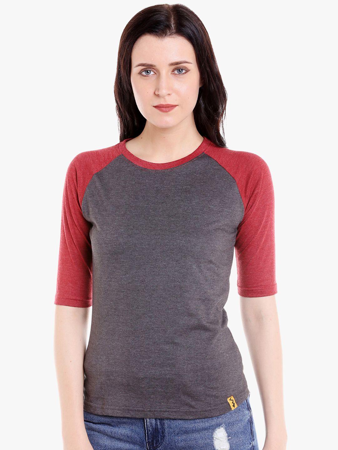 campus sutra women maroon & charcoal grey colourblocked pure cotton top