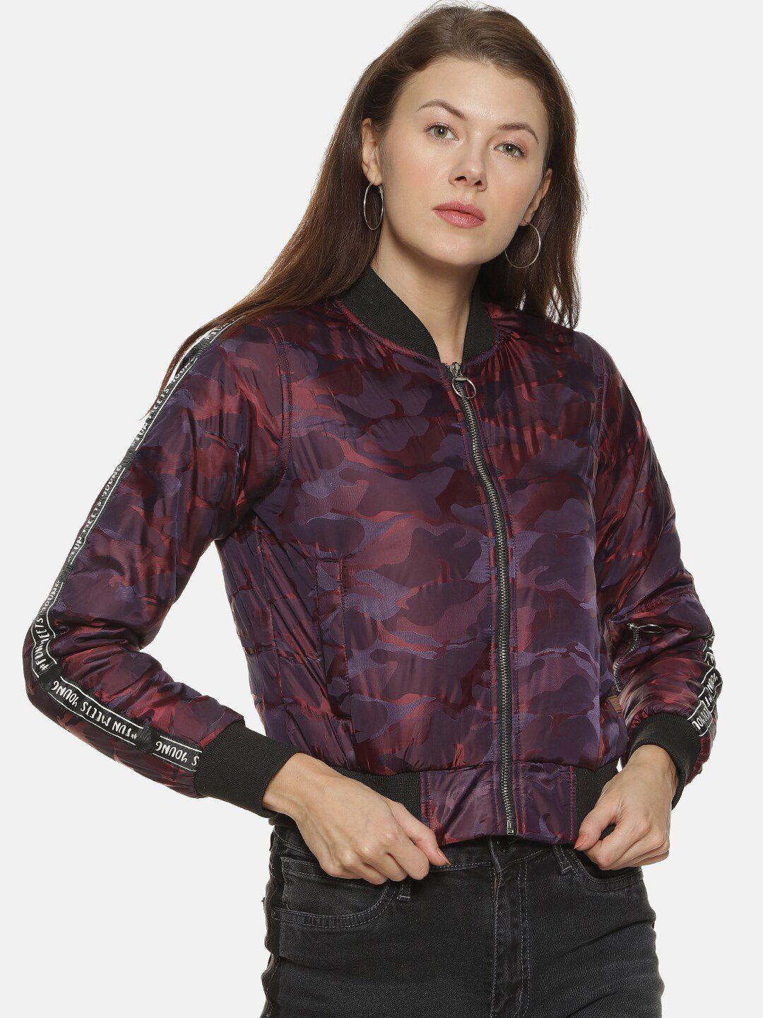 campus sutra women maroon & pink camouflage printed windcheater crop bomber jacket