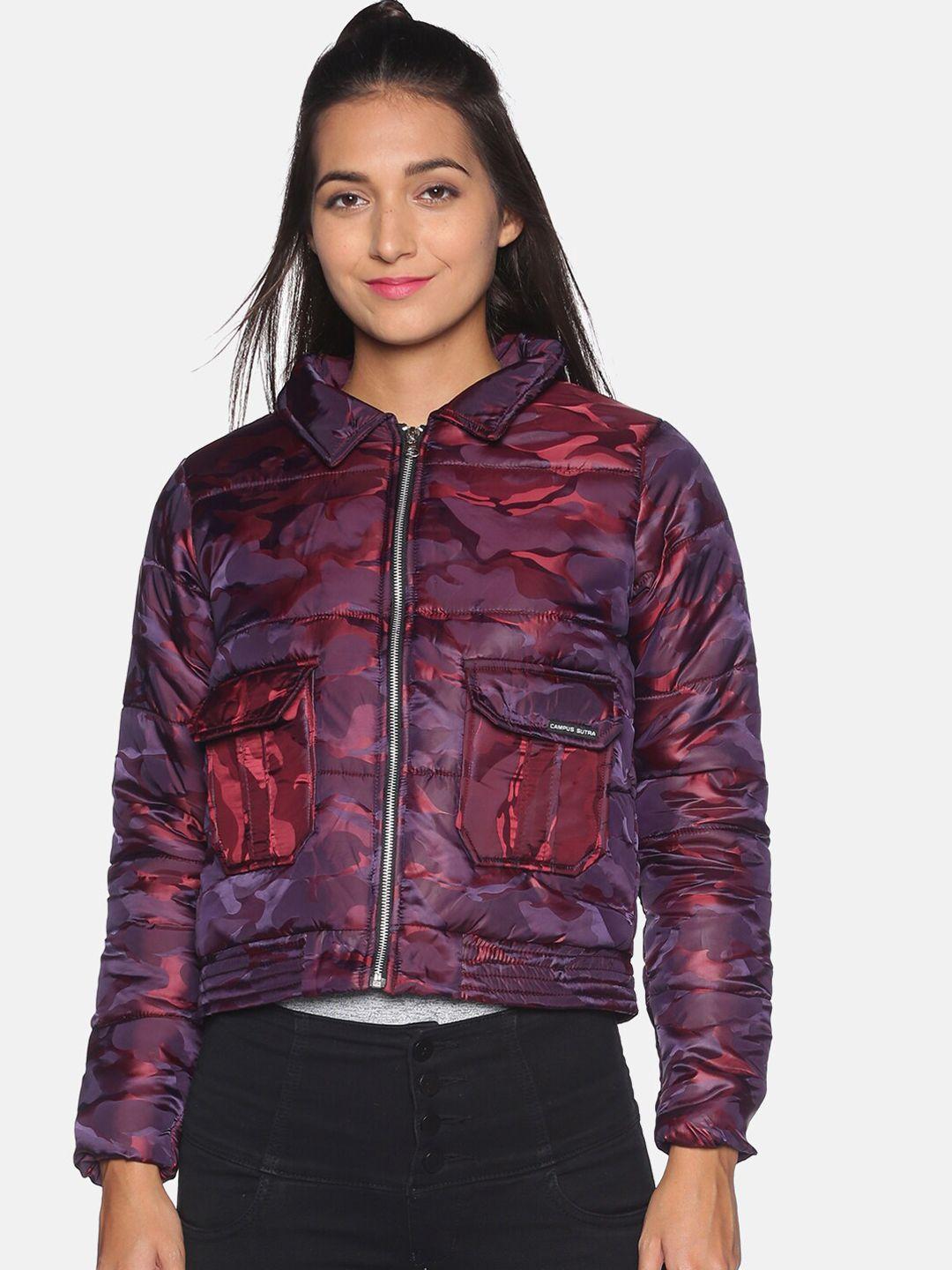 campus sutra women maroon & pink camouflage printed windcheater puffer jacket