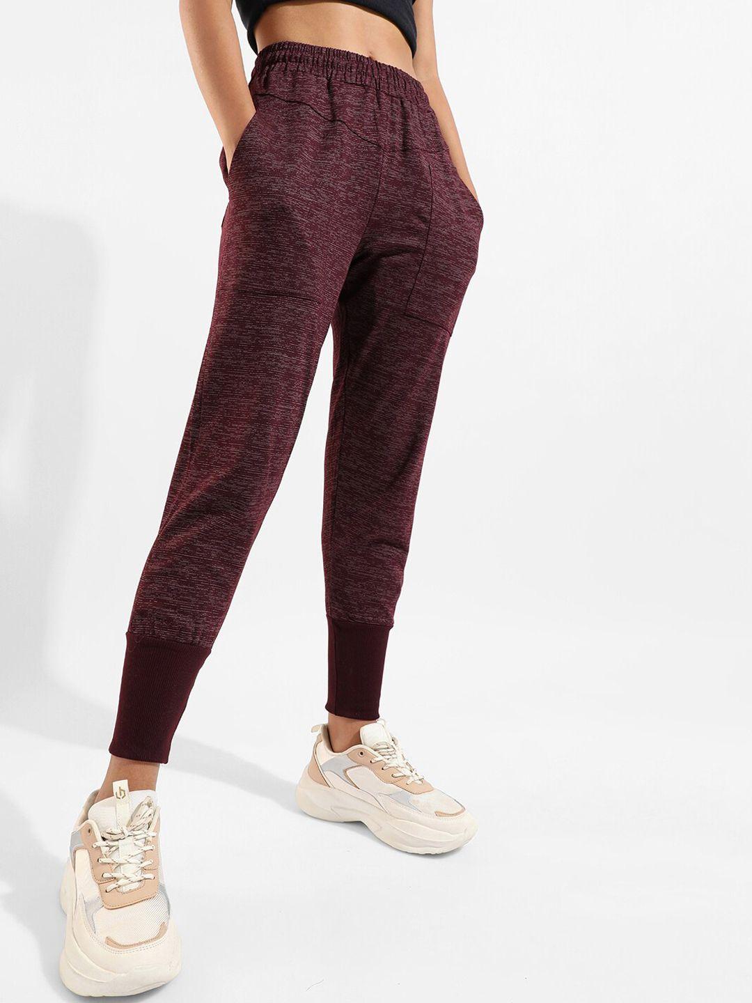 campus sutra women maroon & white striped cotton joggers