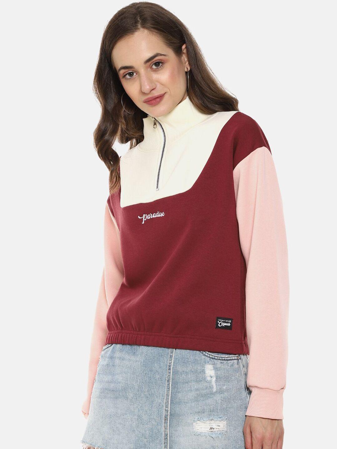 campus sutra women maroon and white colourblocked sweatshirt