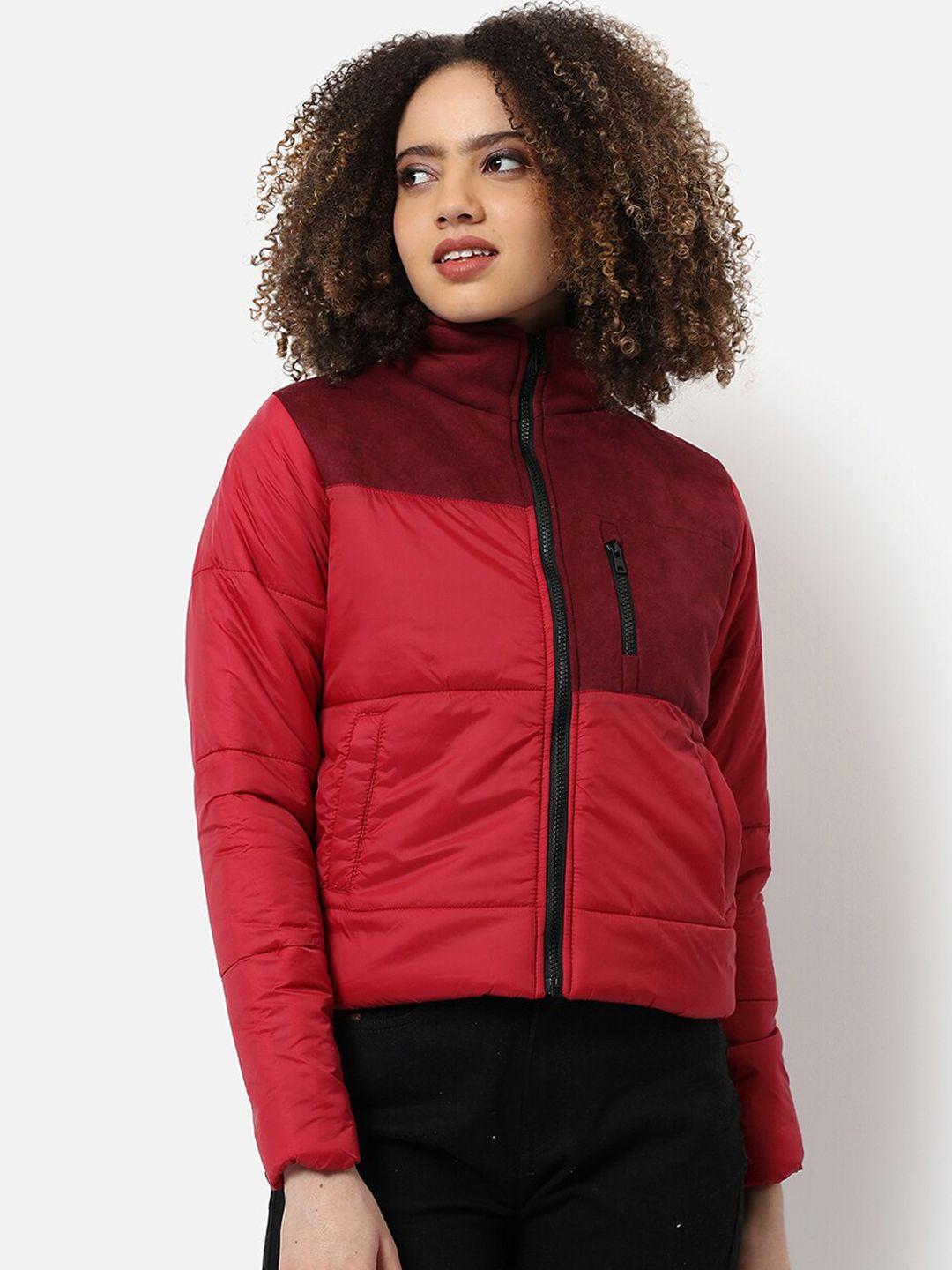 campus sutra women maroon colourblocked windcheater outdoor padded jacket