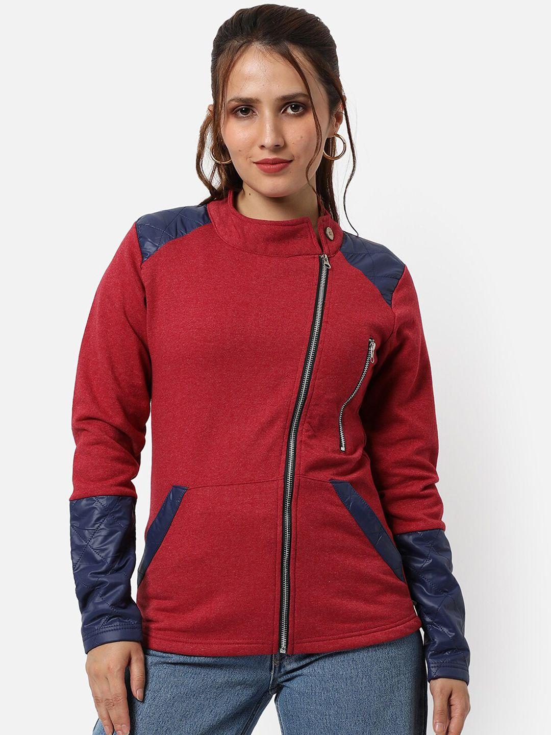 campus sutra women maroon colourblocked windcheater tailored jacket