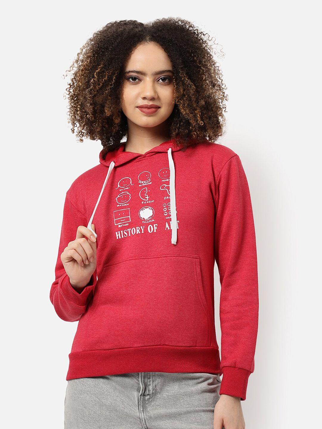 campus sutra women maroon printed hooded sweatshirt