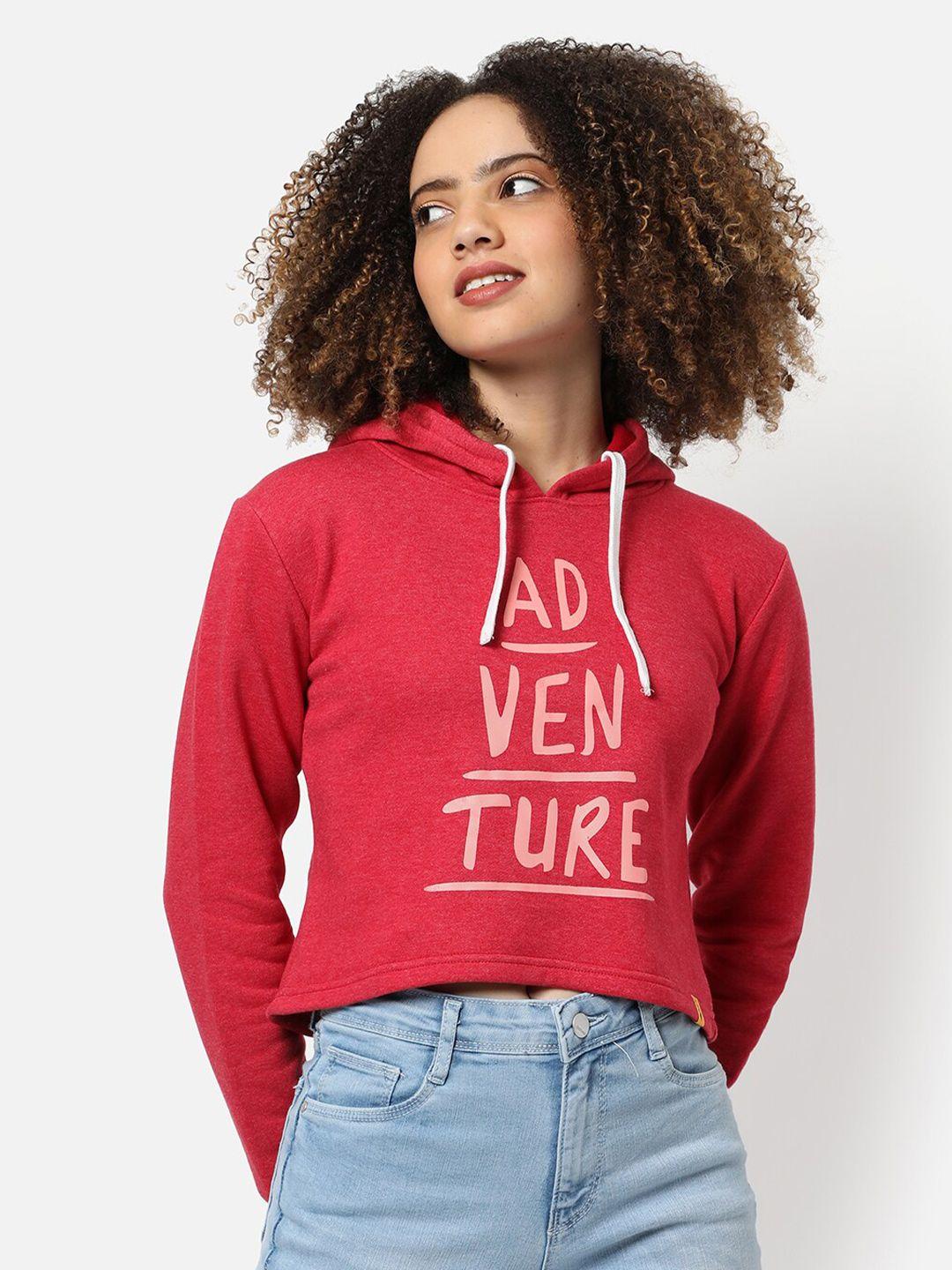 campus sutra women maroon printed hooded sweatshirt