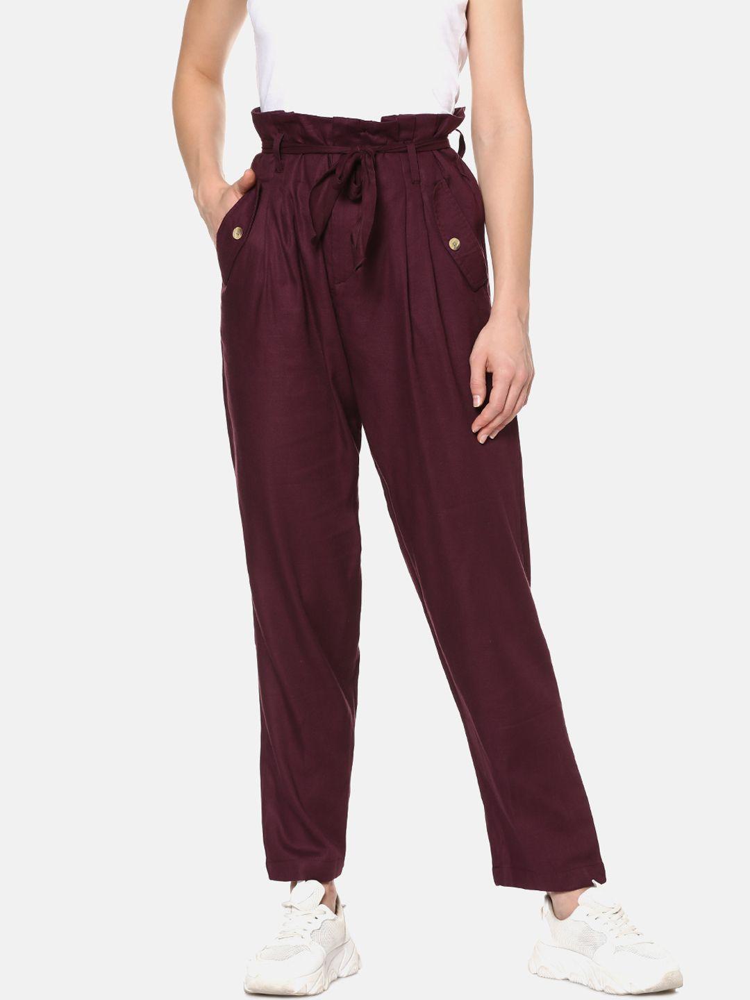 campus sutra women maroon relaxed regular fit solid cigarette trousers