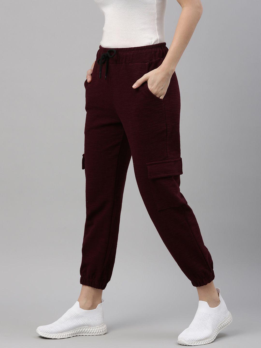 campus sutra women maroon self-design cotton active joggers