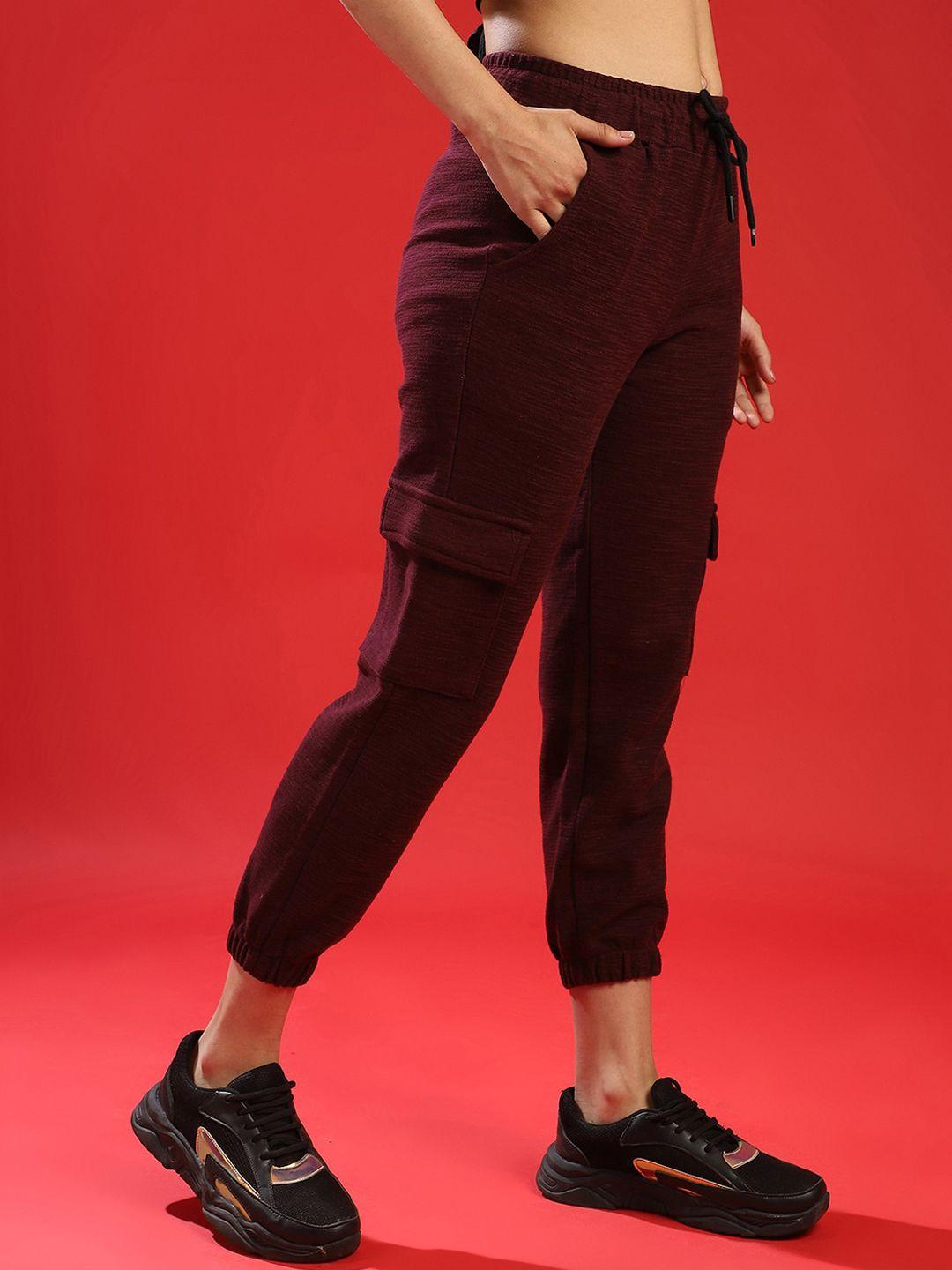 campus sutra women maroon solid cotton active joggers