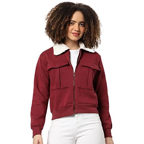 campus sutra women maroon solid regular fit cotton jacket for winter wear | collar neck | full sleeve | zipper | casual jacket for woman & girl | western stylish jacket for women