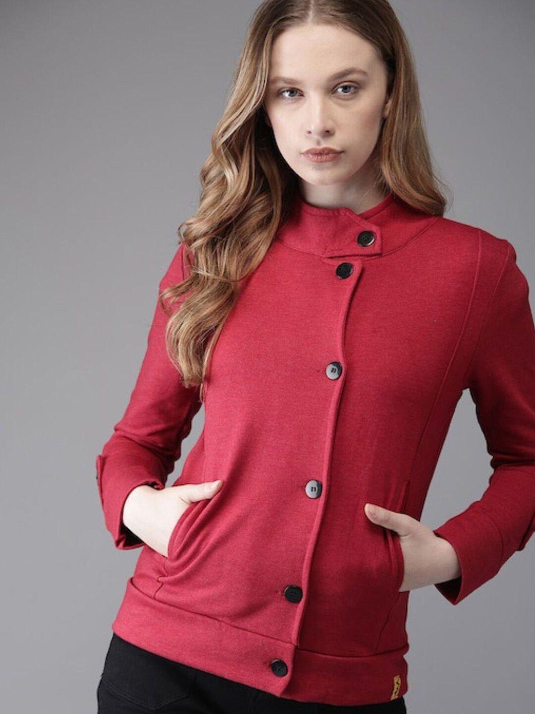 campus sutra women maroon windcheater cotton tailored jacket