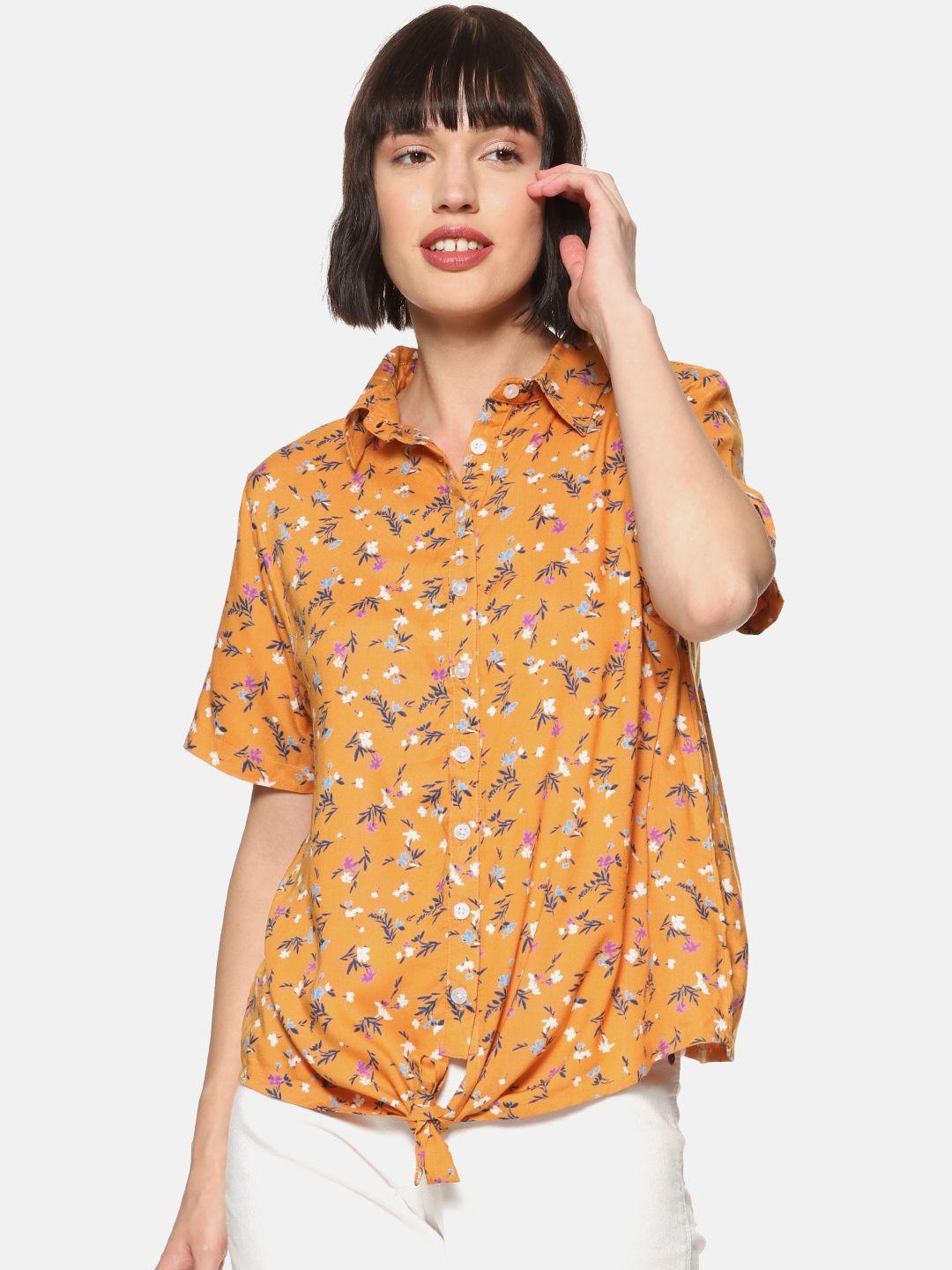 campus sutra women mustard brown standard regular fit printed casual shirt