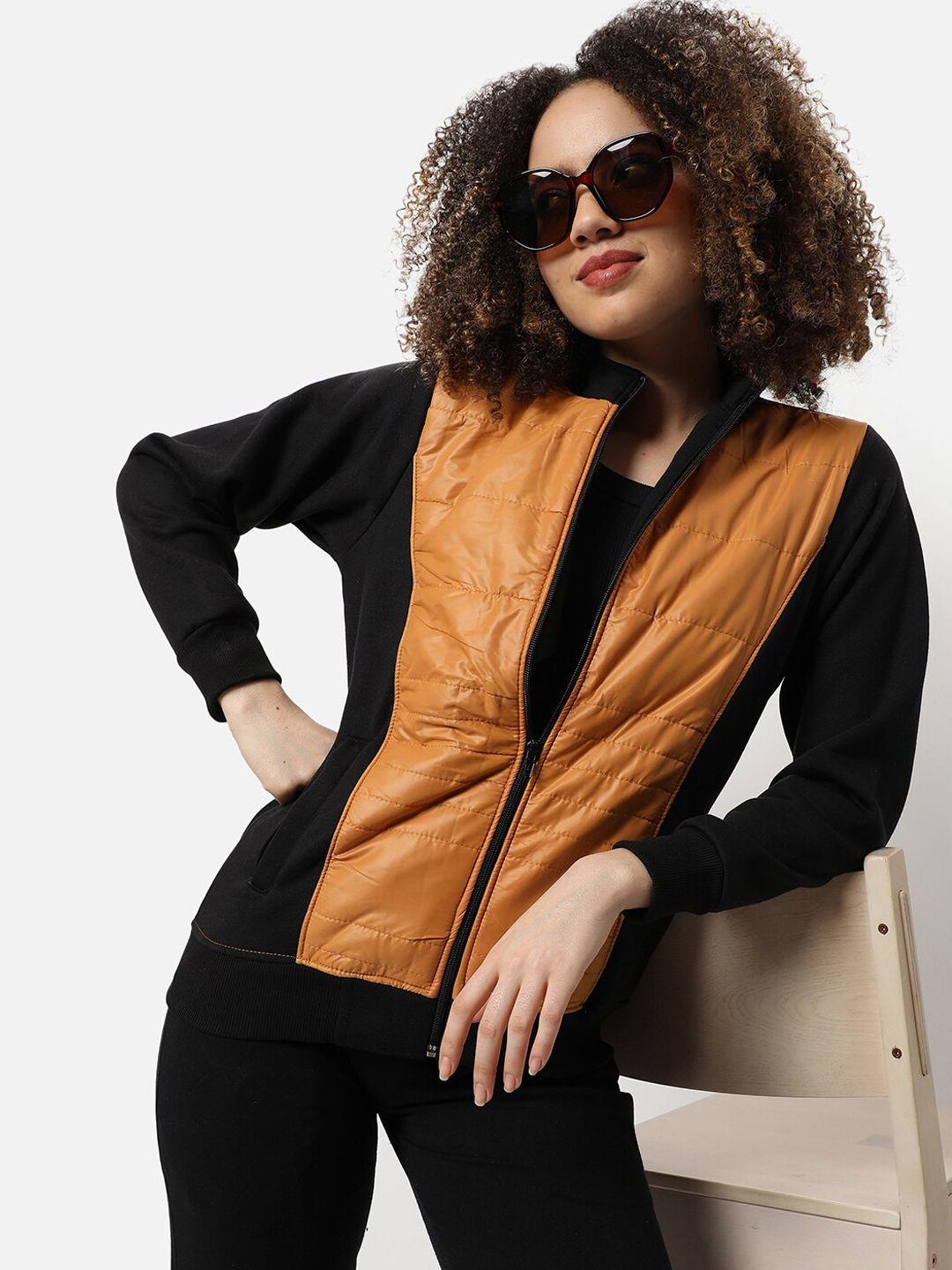 campus sutra women mustard colourblocked windcheater outdoor tailored jacket