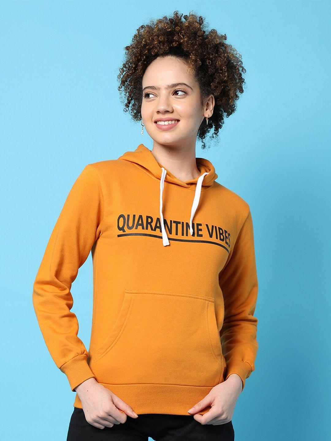 campus sutra women mustard printed hooded sweatshirt