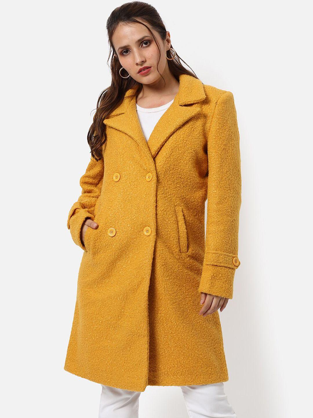 campus sutra women mustard yellow regular fit solid woolen coat
