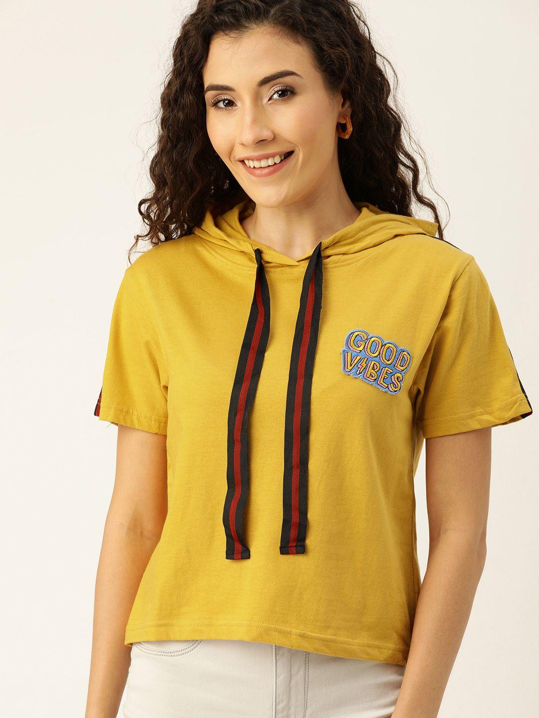 campus sutra women mustard yellow solid regular top with applique detail